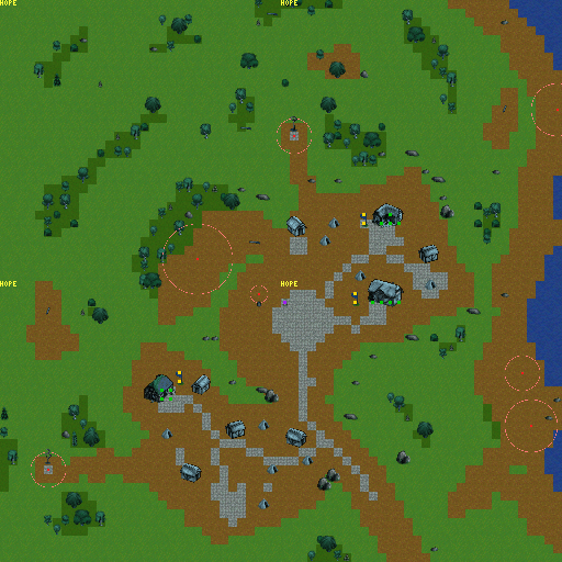 A top-down map of the Akarra overworld: forests, roads, a town, a bay and an island.