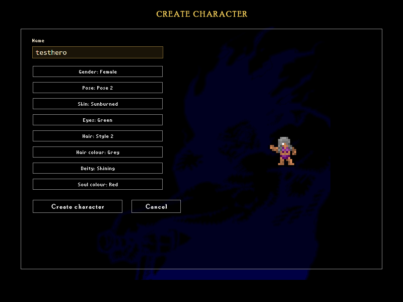 The character creation screen with fields for name, gender, face, skin, eyes, hair, body shape and soul colour, and a preview.