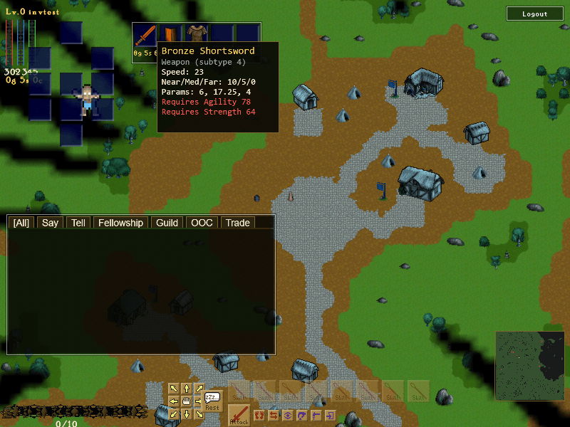 The backpack open with a tooltip for a Bronze Shortsword showing its speed, damage and requirements.