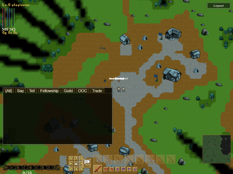 A character on a forest road outside the town of Hope, with the chat log and action bar below.