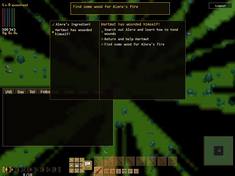 The quest log listing two quests with their objectives, and a banner reading "Find some wood for Alera’s fire".