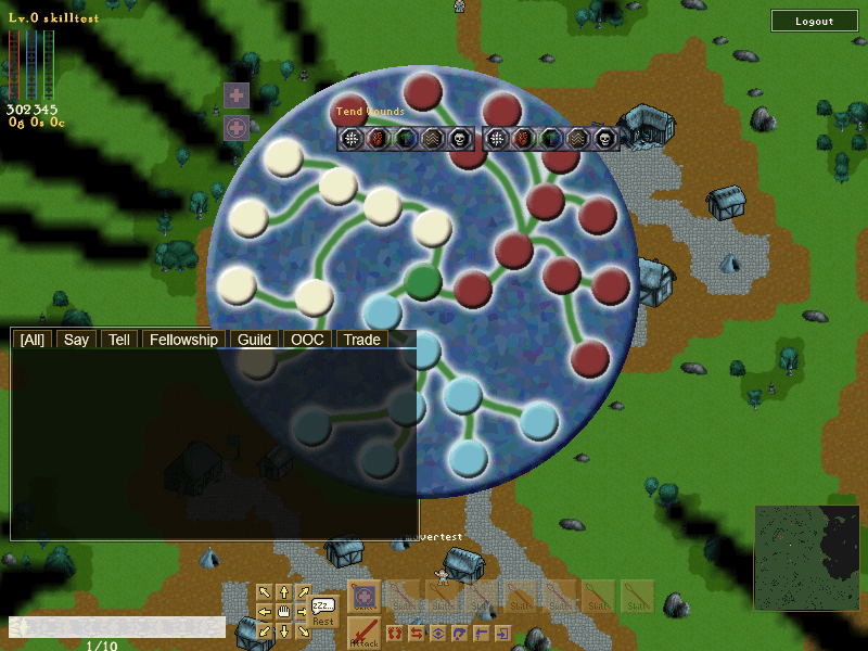 The circular skill panel with coloured gem sockets connected in a branching tree.