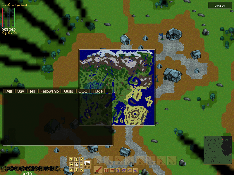 The world map overlay showing the coastline and landmass of the Akarra overworld.